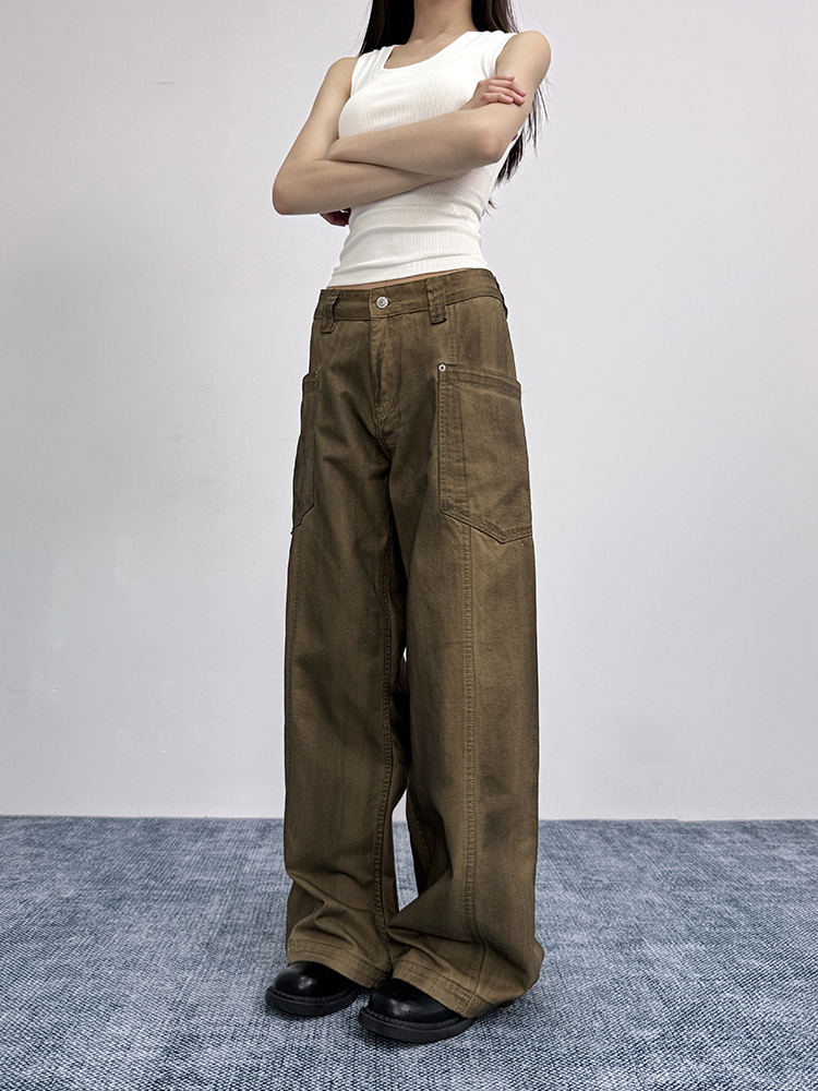 Vintage Distressed Oversized Flared Work Pants for Women, Loose Wide-Leg Casual Trousers, American Trendy Style Vintage Distressed Oversized Flared Work Pants for Women, Loose Wide-Leg Casual Trousers, American Trendy Style