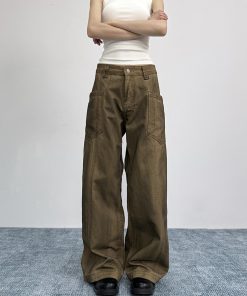 Vintage Distressed Oversized Flared Work Pants for Women, Loose Wide-Leg Casual Trousers, American Trendy Style