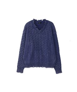 Vintage Distressed V-Neck Sweater in Blue/Brown - 90s Inspired Roaring Beast Design, Perfect for Y2K and Retro Fashion Lovers