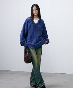 Vintage Distressed V-Neck Sweater in Blue/Brown - 90s Inspired Roaring Beast Design, Perfect for Y2K and Retro Fashion Lovers