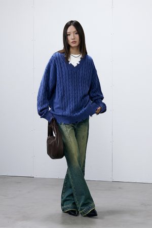 Vintage Distressed V-Neck Sweater in Blue/Brown - 90s Inspired Roaring Beast Design, Perfect for Y2K and Retro Fashion Lovers