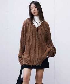 Vintage Distressed V-Neck Sweater in Blue/Brown - 90s Inspired Roaring Beast Design, Perfect for Y2K and Retro Fashion Lovers