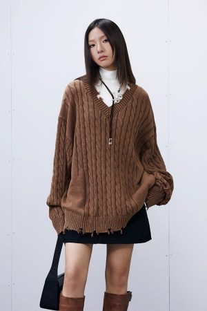 Vintage Distressed V-Neck Sweater in Blue/Brown - 90s Inspired Roaring Beast Design, Perfect for Y2K and Retro Fashion Lovers