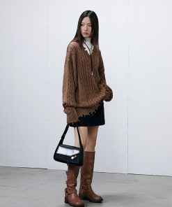 Vintage Distressed V-Neck Sweater in Blue/Brown - 90s Inspired Roaring Beast Design, Perfect for Y2K and Retro Fashion Lovers