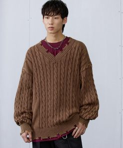 Vintage Distressed V-Neck Sweater in Blue/Brown - 90s Inspired Roaring Beast Design, Perfect for Y2K and Retro Fashion Lovers