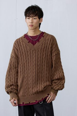 Vintage Distressed V-Neck Sweater in Blue/Brown - 90s Inspired Roaring Beast Design, Perfect for Y2K and Retro Fashion Lovers