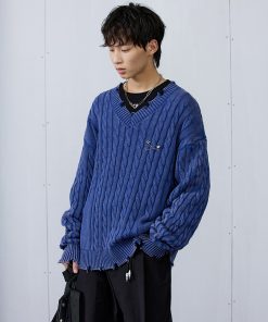 Vintage Distressed V-Neck Sweater in Blue/Brown - 90s Inspired Roaring Beast Design, Perfect for Y2K and Retro Fashion Lovers