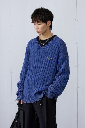 Vintage Distressed V-Neck Sweater in Blue/Brown - 90s Inspired Roaring Beast Design, Perfect for Y2K and Retro Fashion Lovers