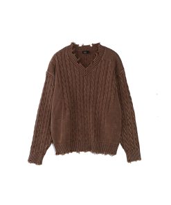 Vintage Distressed V-Neck Sweater in Blue/Brown - 90s Inspired Roaring Beast Design, Perfect for Y2K and Retro Fashion Lovers