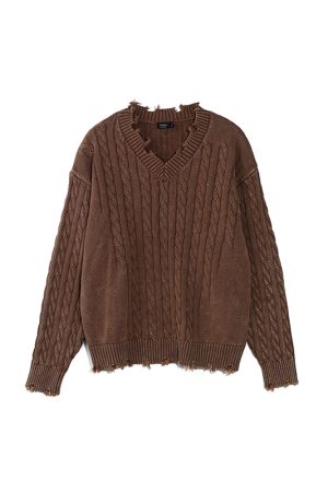 Vintage Distressed V-Neck Sweater in Blue/Brown - 90s Inspired Roaring Beast Design, Perfect for Y2K and Retro Fashion Lovers