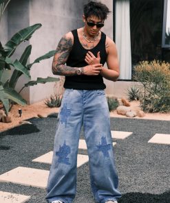 Vintage Distressed Wide-Leg Work Pants - Retro Straight-Leg Jeans for a 90s Inspired Workwear Look