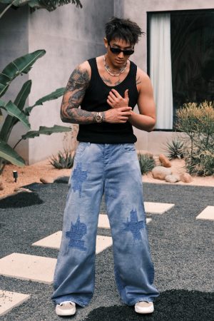 Vintage Distressed Wide-Leg Work Pants - Retro Straight-Leg Jeans for a 90s Inspired Workwear Look