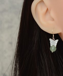 Vintage Dongling Crystal and Butterfly Shell Flower Earrings for Hanfu and Qipao, Natural Green, Elegant Statement Jewelry