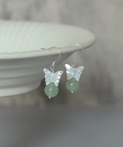 Vintage Dongling Crystal and Butterfly Shell Flower Earrings for Hanfu and Qipao, Natural Green, Elegant Statement Jewelry