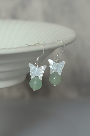 Vintage Dongling Crystal and Butterfly Shell Flower Earrings for Hanfu and Qipao, Natural Green, Elegant Statement Jewelry
