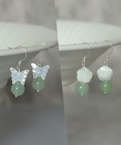 Vintage Dongling Crystal and Butterfly Shell Flower Earrings for Hanfu and Qipao, Natural Green, Elegant Statement Jewelry
