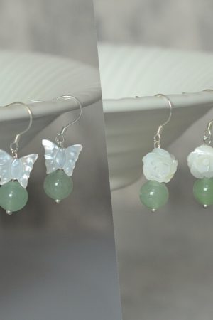 Vintage Dongling Crystal and Butterfly Shell Flower Earrings for Hanfu and Qipao, Natural Green, Elegant Statement Jewelry