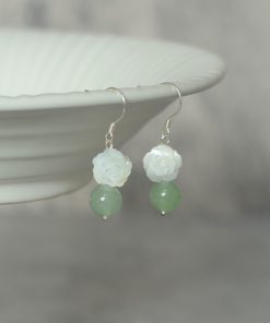 Vintage Dongling Crystal and Butterfly Shell Flower Earrings for Hanfu and Qipao, Natural Green, Elegant Statement Jewelry