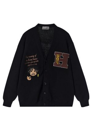 Vintage Embroidered Dreadlocks Little Black Sweater Cardigan Coat for Men and Women - Unisex Knitted Fashion Outerwear