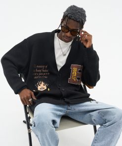 Vintage Embroidered Dreadlocks Little Black Sweater Cardigan Coat for Men and Women - Unisex Knitted Fashion Outerwear