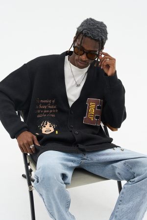 Vintage Embroidered Dreadlocks Little Black Sweater Cardigan Coat for Men and Women - Unisex Knitted Fashion Outerwear