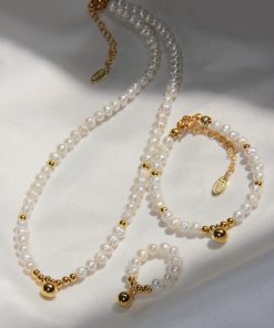 Vintage European American Natural Millet Freshwater Pearl Gold Beads Pendant Bracelet and Necklace Set