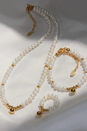 Vintage European American Natural Millet Freshwater Pearl Gold Beads Pendant Bracelet and Necklace Set