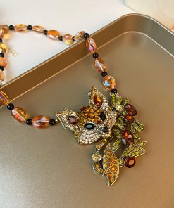 Vintage Exaggerated Design Diamond-Studded Crystal Fox Pendant Necklace Set, Unique Sweater Chain Jewelry for Women