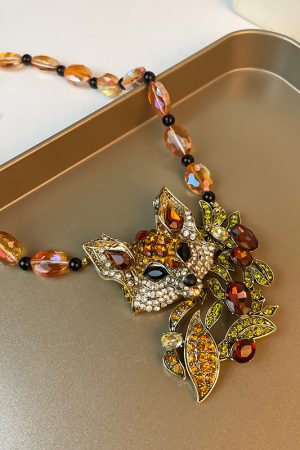 Vintage Exaggerated Design Diamond-Studded Crystal Fox Pendant Necklace Set, Unique Sweater Chain Jewelry for Women