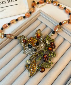 Vintage Exaggerated Design Diamond-Studded Crystal Fox Pendant Necklace Set, Unique Sweater Chain Jewelry for Women