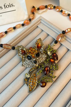 Vintage Exaggerated Design Diamond-Studded Crystal Fox Pendant Necklace Set, Unique Sweater Chain Jewelry for Women