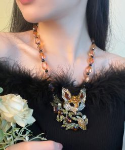 Vintage Exaggerated Design Diamond-Studded Crystal Fox Pendant Necklace Set, Unique Sweater Chain Jewelry for Women