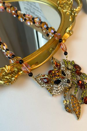 Vintage Exaggerated Design Diamond-Studded Crystal Fox Pendant Necklace Set, Unique Sweater Chain Jewelry for Women