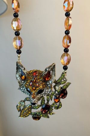 Vintage Exaggerated Design Diamond-Studded Crystal Fox Pendant Necklace Set, Unique Sweater Chain Jewelry for Women