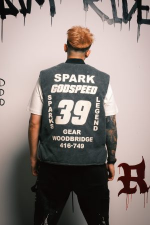Vintage Faded Distressed Quilted Workwear Vest with Racing Bullet Print - Cotton Jacket for a 90s Inspired Look