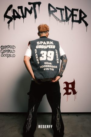 Vintage Faded Distressed Quilted Workwear Vest with Racing Bullet Print - Cotton Jacket for a 90s Inspired Look