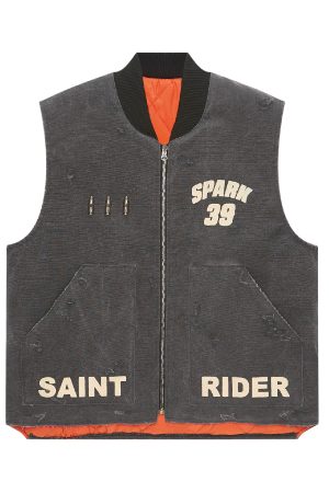 Vintage Faded Distressed Quilted Workwear Vest with Racing Bullet Print - Cotton Jacket for a 90s Inspired Look