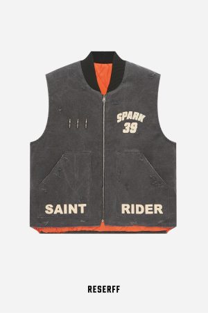 Vintage Faded Distressed Quilted Workwear Vest with Racing Bullet Print - Cotton Jacket for a 90s Inspired Look