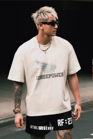 Vintage Flame Wings Heavyweight Cotton Short Sleeve T-Shirt for Men, American Style, High Street Fashion, Retro 90s Casual Wear