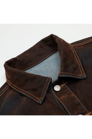 Vintage Flocked Wax Dyed Denim Jacket for Women - Stylish Streetwear with a High-End Feel, American Aesthetic Fashion Outerwear
