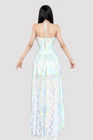 Vintage Floral Beaded Lace Dress with Tulle Skirt - Girlish Waist-Defined Style for Elegant Summer Looks