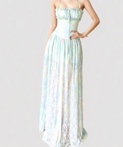 Vintage Floral Beaded Lace Dress with Tulle Skirt - Girlish Waist-Defined Style for Elegant Summer Looks