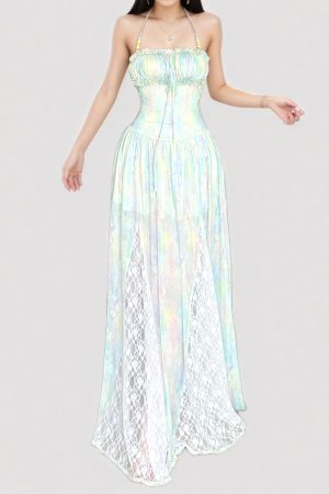 Vintage Floral Beaded Lace Dress with Tulle Skirt - Girlish Waist-Defined Style for Elegant Summer Looks