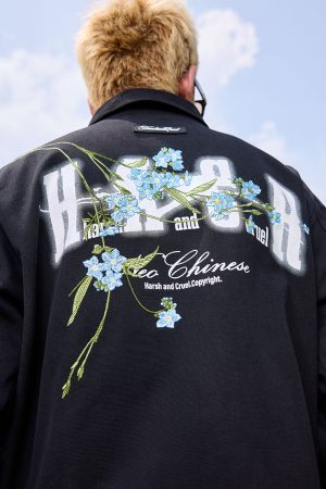 Vintage Floral Embroidered Lapel Jacket - Short Wide Design, American Style, Trendy 90s Inspired Outerwear