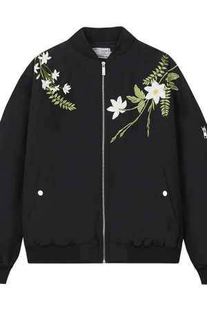 Vintage Floral Embroidery Padded Flight Jacket - American Style, Retro 90s Fashion, Trendy Outerwear for Women