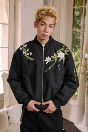 Vintage Floral Embroidery Padded Flight Jacket - American Style, Retro 90s Fashion, Trendy Outerwear for Women