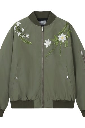 Vintage Floral Embroidery Padded Flight Jacket - American Style, Retro 90s Fashion, Trendy Outerwear for Women