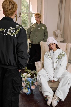 Vintage Floral Embroidery Padded Flight Jacket - American Style, Retro 90s Fashion, Trendy Outerwear for Women