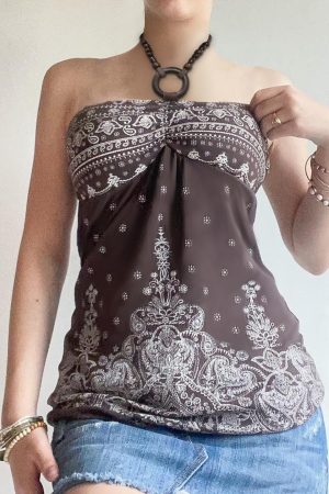Vintage Floral Print Beaded Neck Top for Women - Loose Fit American Style Casual Wear