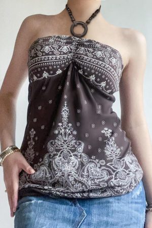 Vintage Floral Print Beaded Neck Top for Women - Loose Fit American Style Casual Wear